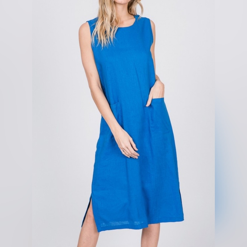 #30 🛑L  Linen Blend Front Pockets Sleeveless Midi